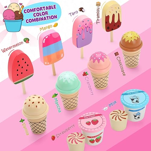 Miniatura 5 de INNOCHEER Juguete de helado, juego de helado de madera, juguetes de cocina de juego de simulación, juguetes de helado para niños pequeños, tienda de
