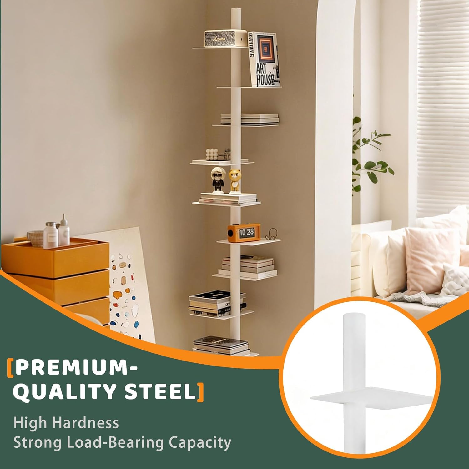 QTsrzzst Spine Bookshelf - Metal Book Tower, 9-Tier Vertical Manga & Story Bookcase, Tall Thin Standing Shelf for Home/Office White 68.5" L x 15.7" W x 15.7" H (174x40x40cm)