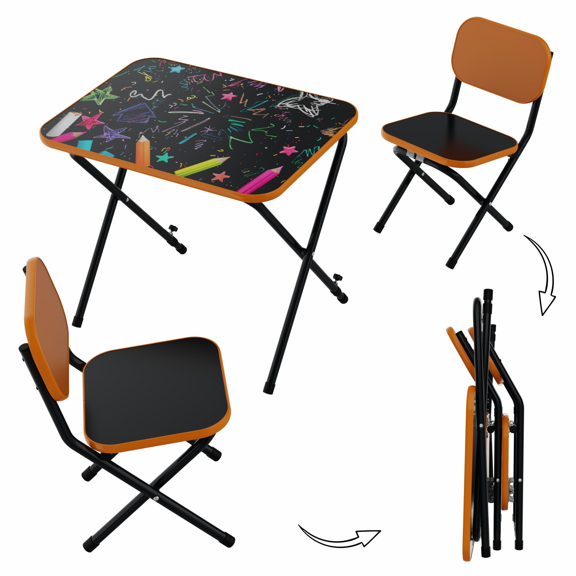 VILHA Table pour enfant avec 2 chaises - Ensemble de sièges évolutifs et pliables - Table de jeu pratique pour les tout-petits - Plateau inclinable - Orange