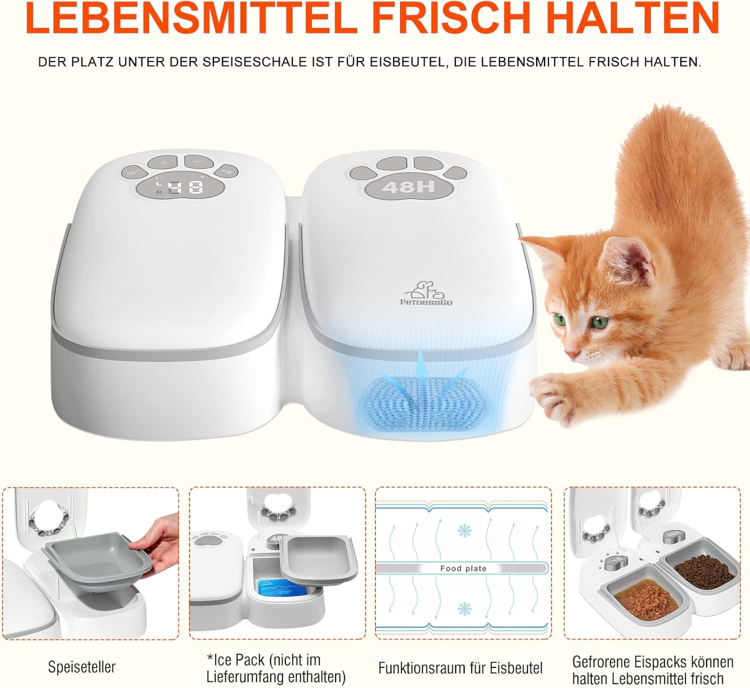 Mangiatoia automatica per gatti e cani, alimentazione automatica a due pasti, timer controllato da 48 ore, alimentazione a secco o umido