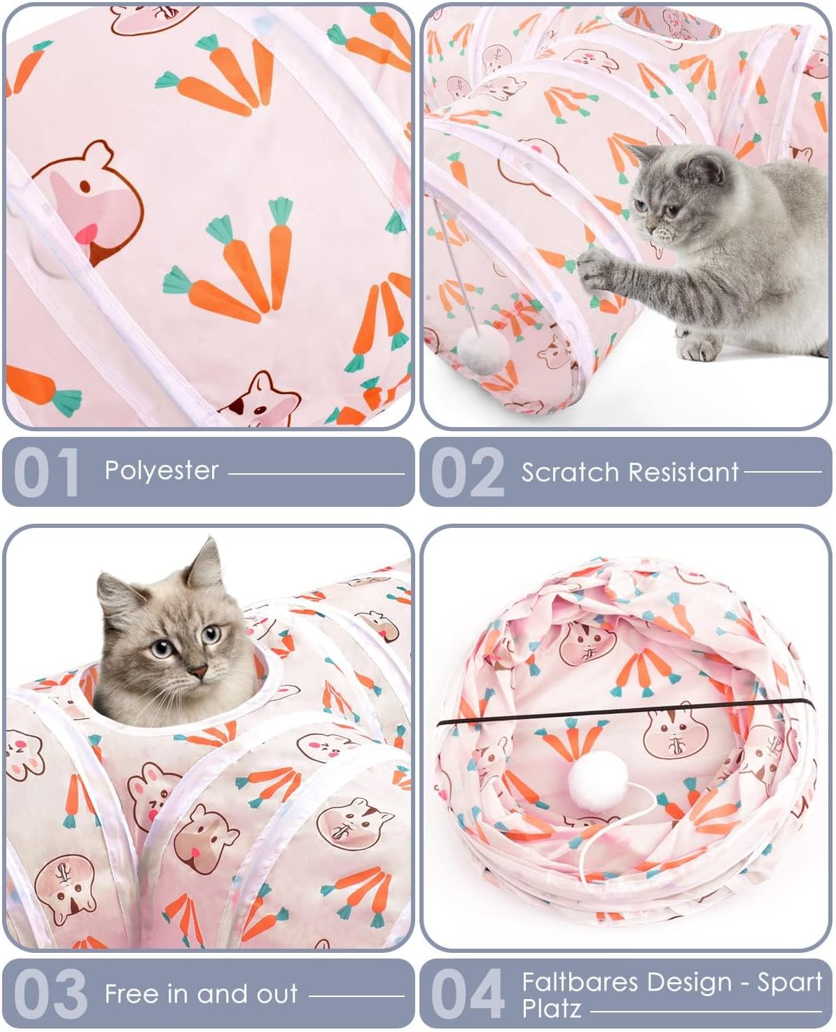 ERKOON 3-Way Rabbit Tunnel, Cat Tunnels & Tubes Collapsible, 25cm Pink Small Animal Pop-up Tunnel with Funny Pompon Maze House for Cats, Rabbits, Guinea Pigs, Hamster, Kitten, Puppy ect