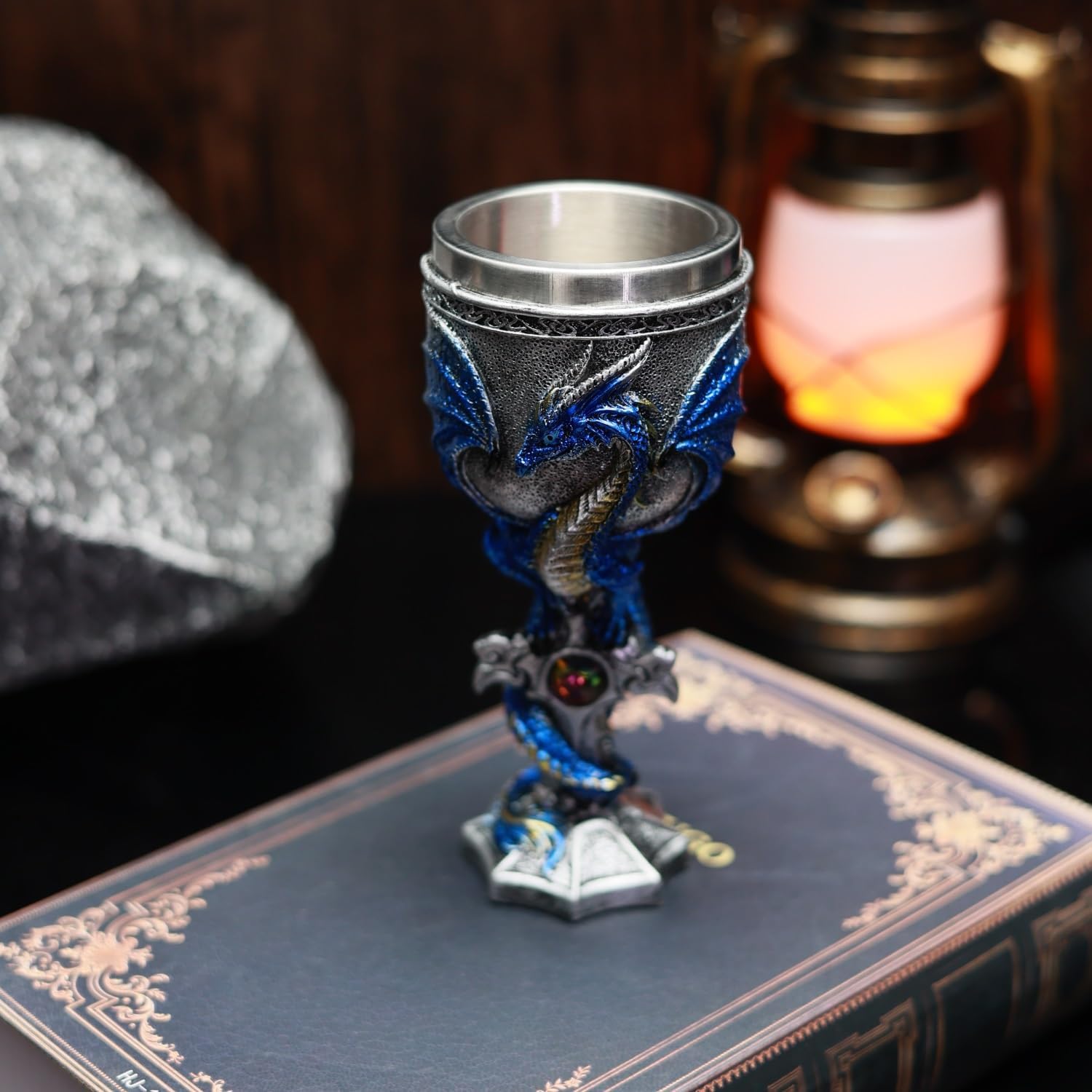 Medieval Dragon Cross Sword Goblet Stainless Steel Inlaid Resin Hand-painted Creative Party Wine Glass Holiday Birthday Gift (Blue)