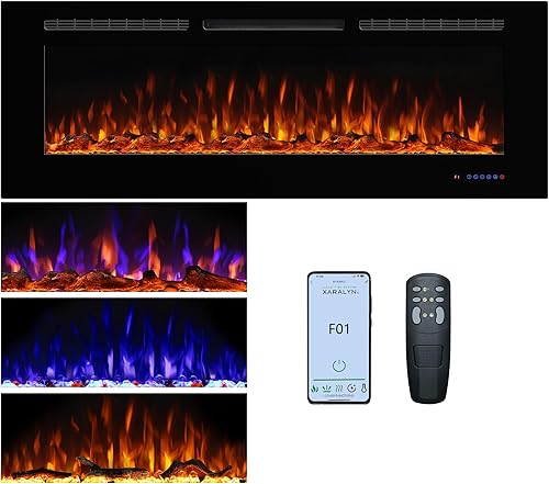 Chimenea eléctrica de 60 pulgadas, insertos de chimenea empotrados y montados en la pared, llama multicolor con 5 atenuadores, termostato de control