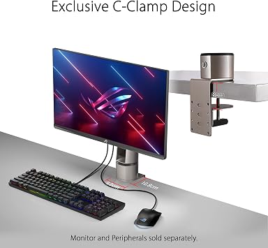 تدعم مجموعة ASUS ROG Monitor Desk Mount Kit ACL01 معظم موديلات سلسلة PG وXG مقاس 24 بوصة إلى 49 بوصة، وشاشة غير تابعة لشركة ASUS، وقاعدة تثبيت، ومشبك C، وغير متوافقة مع التثبيت السريع والسهل