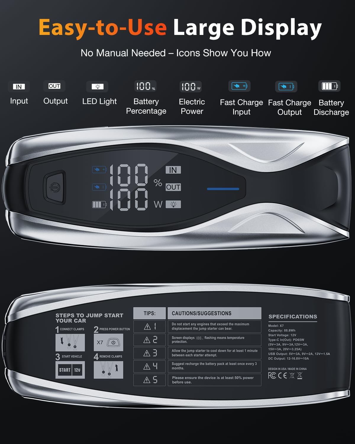 NEXPOW 6000A Battery Jumper Starter Portable, 24000mAh Jump Starter with 60W PD 2-Way Fast Charging,Jump Box & Battery Booster Pack with LED Display, LED Light,for 12V All Gas Engines/Up to 12L Diesel - Image 6