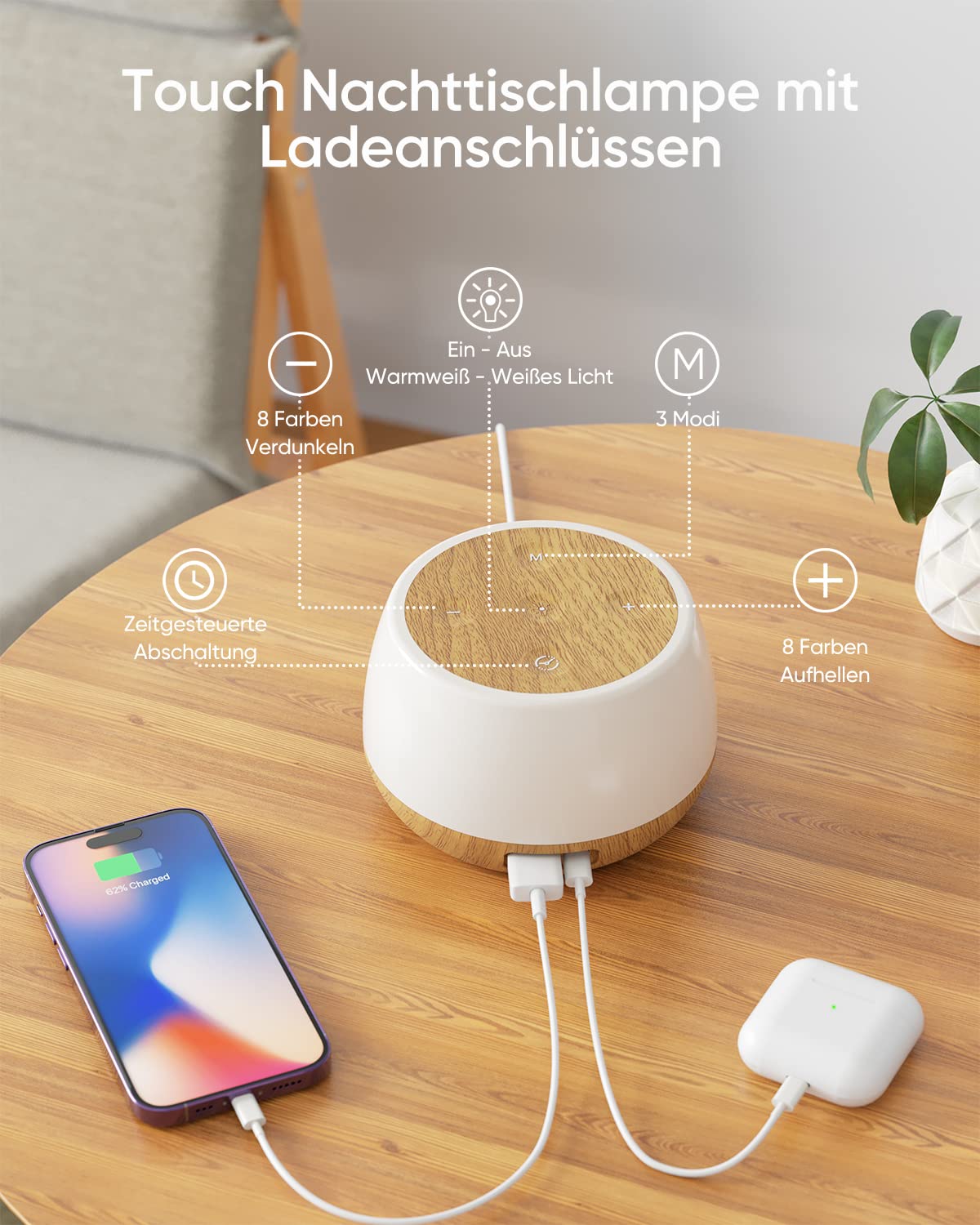 Nachtlampje met Oplaadfunctie, USB C, 20 W, Snellader, LED