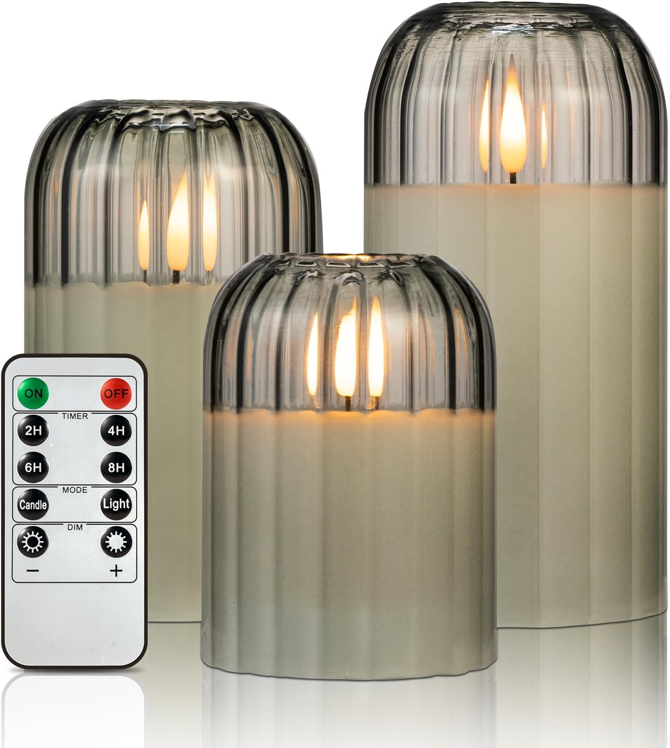 Ribbed Glass Battery Candles - FLameless Candles with Remote, Sage Green LED Candles with Timer, Warm Light, Lasting 350 Hrs and Brightness Adjustment, Φ 3" H 4" 5" 6", Set of 3 for Christmas Decor