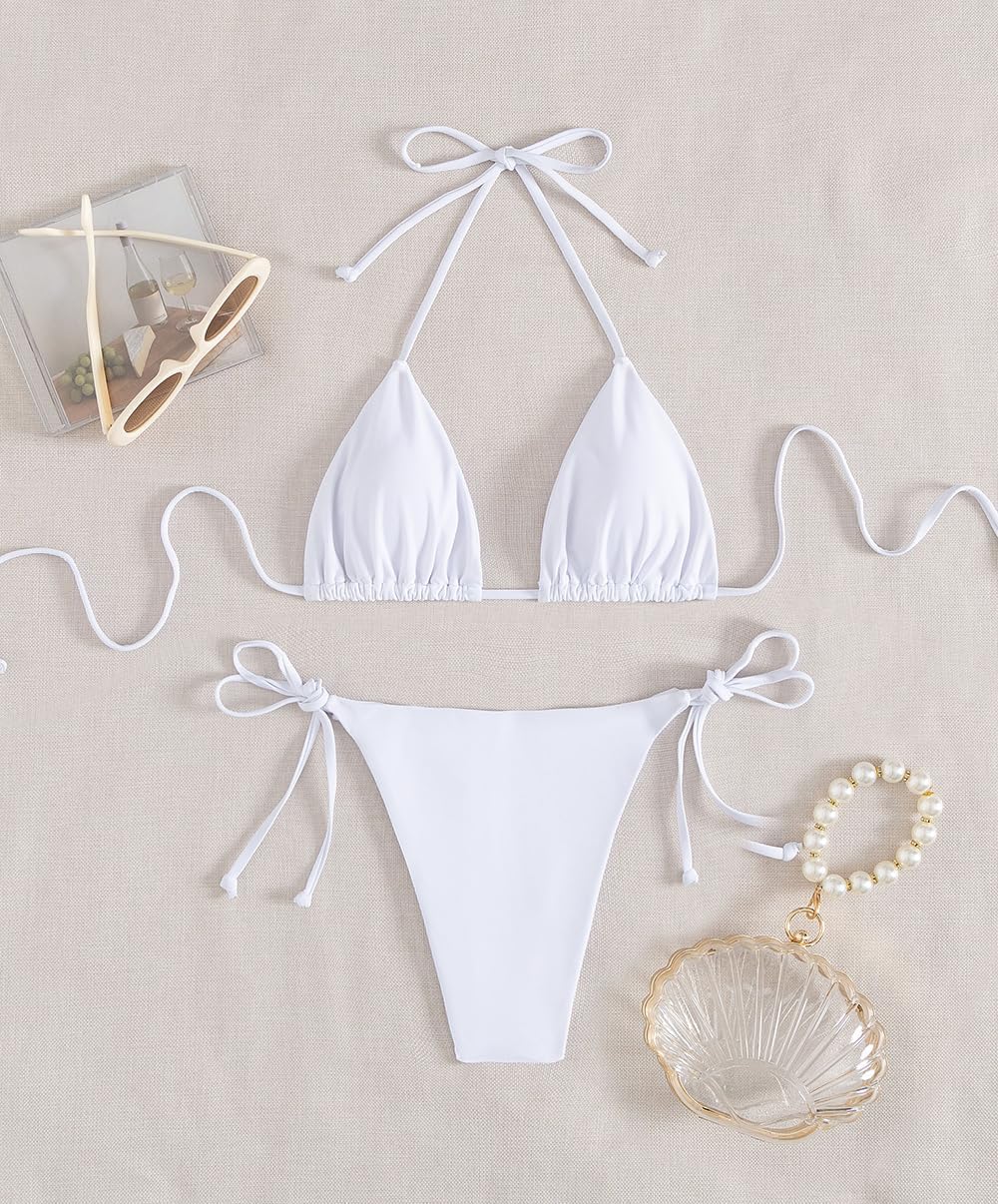 Tainehs Women's Sexy Halter Thong Bikini Tie Two Sides Bottom Triangle Bikini Swimsuits - Image 5