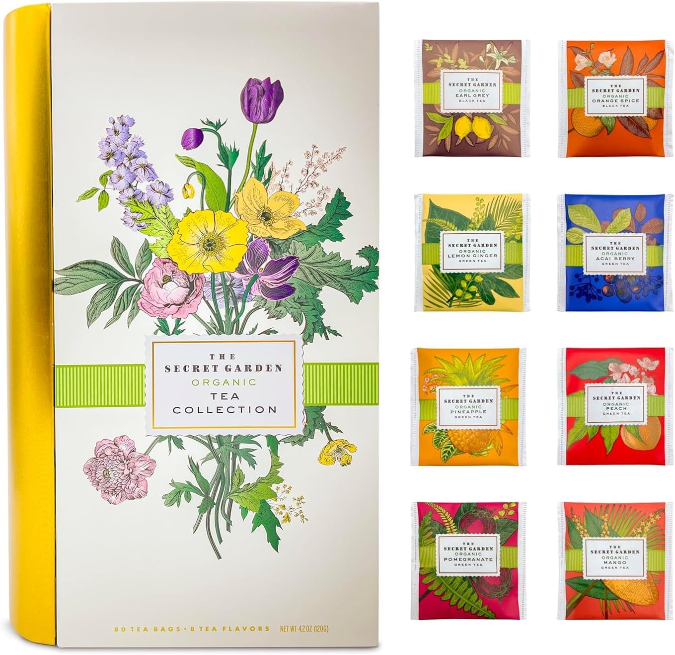 Premium Organic Tea Bag 80 Pack Sampler Designer Tin Book Gift Set 10 Per Fla...