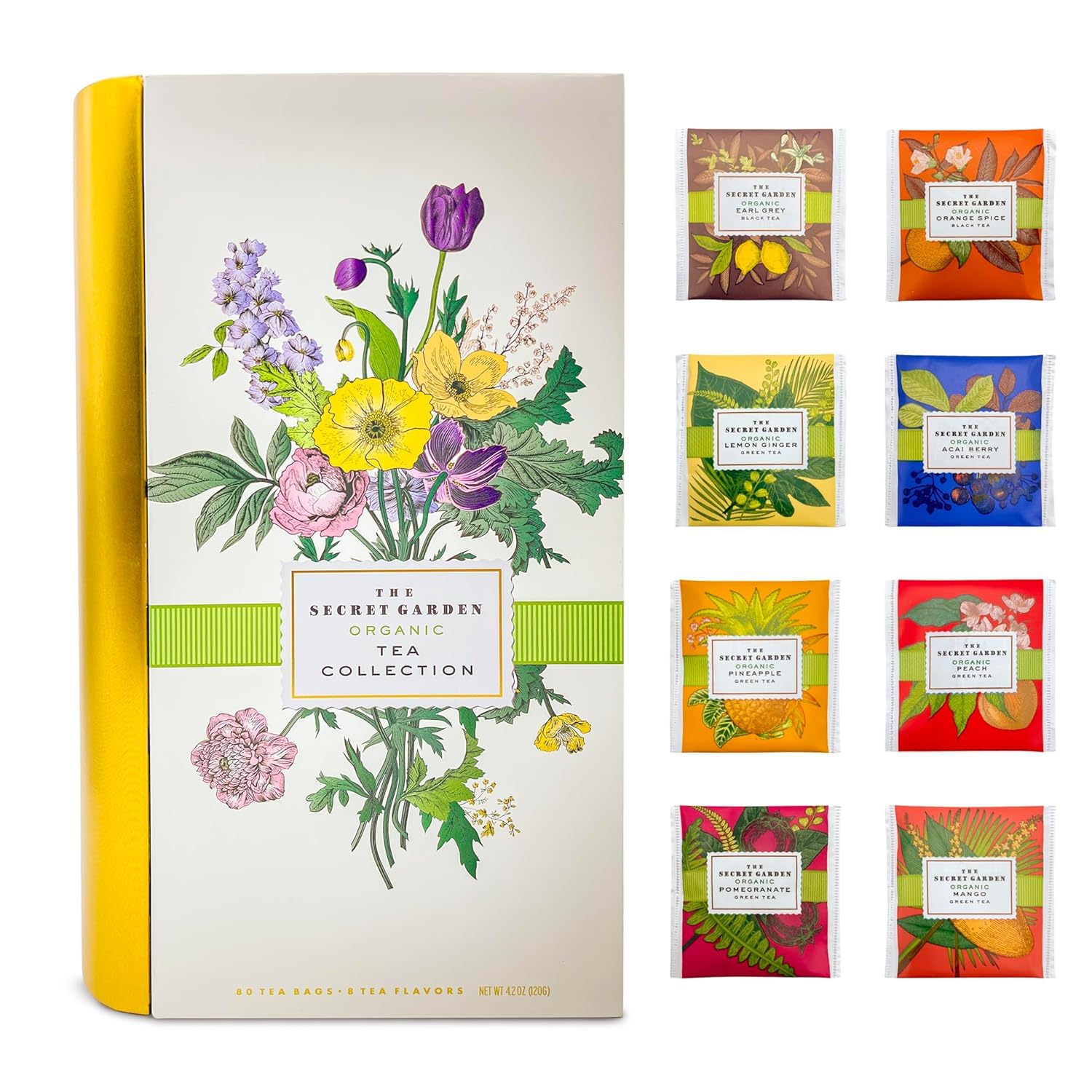 Premium Organic Tea Bag 80 Pack Sampler Designer Tin Book Gift Set 10 Per Flavor Assorted Variety Exotic Fruit Herbal Black And Green Teas Individually Wrapped (8 Flavors)USDA Organic