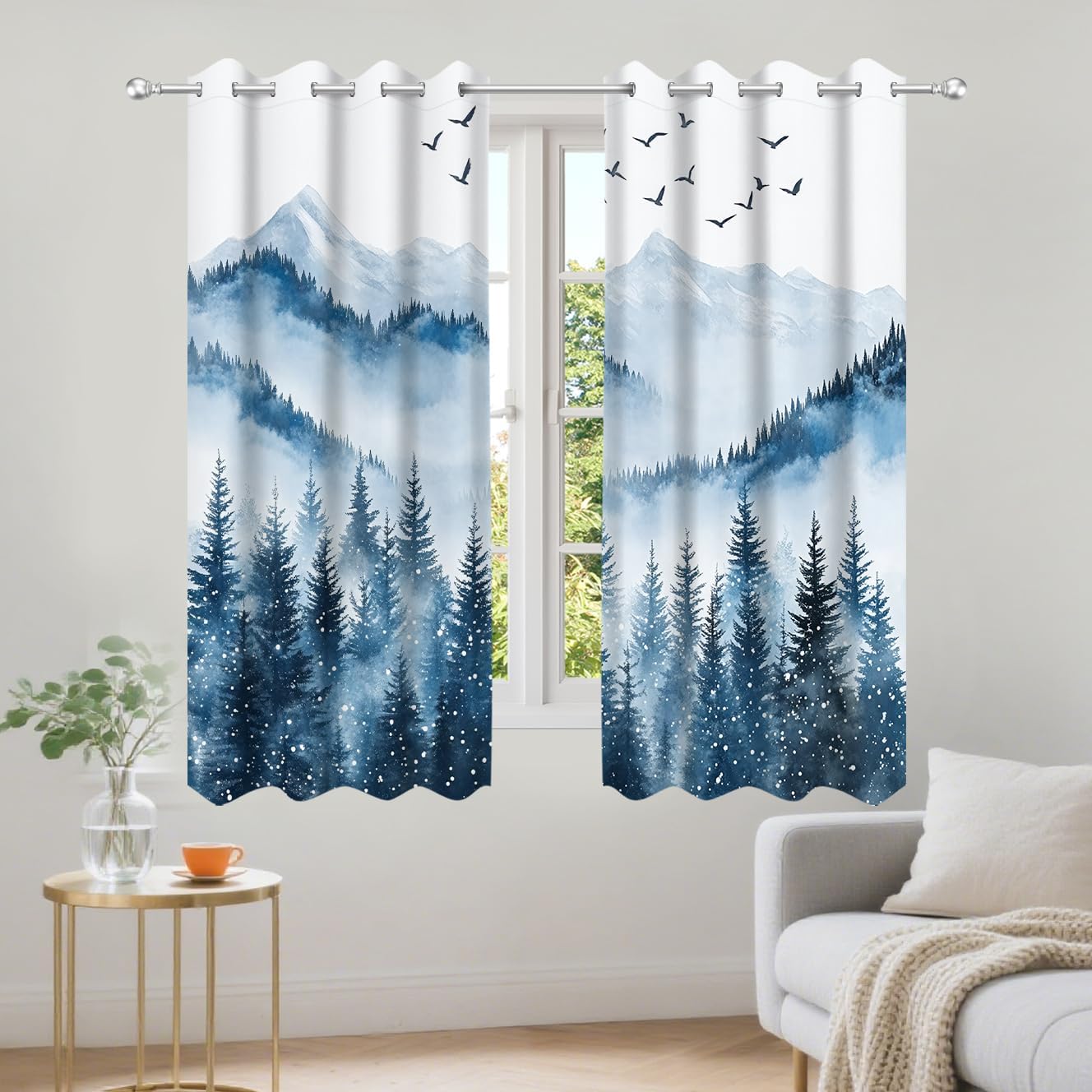 Winter Blue Forest Blackout Curtains for Bedroom, Snow Forest Mountain Nature Landscape Window Curtains 2 Panel Sets Christmas Decorations Drapes for Living Room Home Decor, 42W X 63L inches