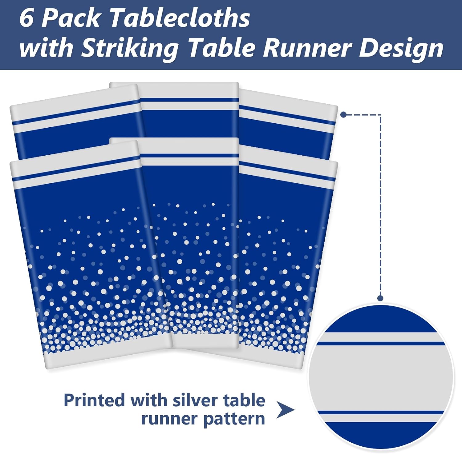 LANLISA Blue and Silver Tablecloth Party Decorations 6 Pack, Disposable Plastic Table Cloths for Graduation Birthday Retirement Masquerade Party Decor image 4