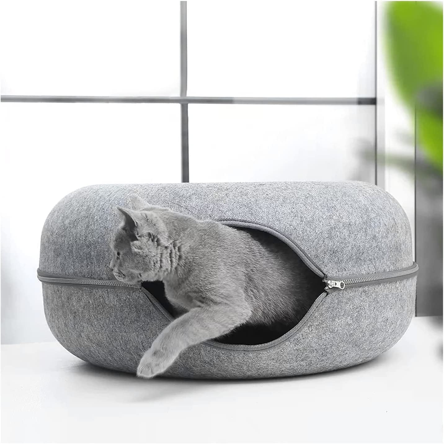 Cat Tunnel Bed,Detachable Felt Cat Nest,Round Donut Felt Pet Nest,Four Seasons Available cat nest,Semi-Closed Washable Cat Tunnel Nest (Grey)