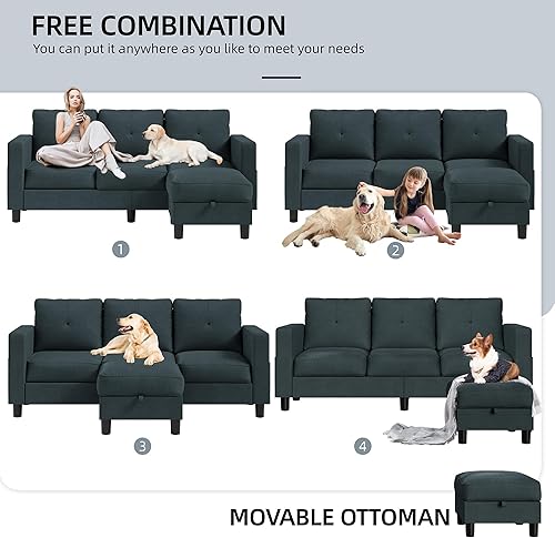 Miniatura 6 de Shintenchi - Sofá modular convertible, sofá en forma de L de tela de lino moderno, 3 asientos con otomana reversible para espacios pequeños, color