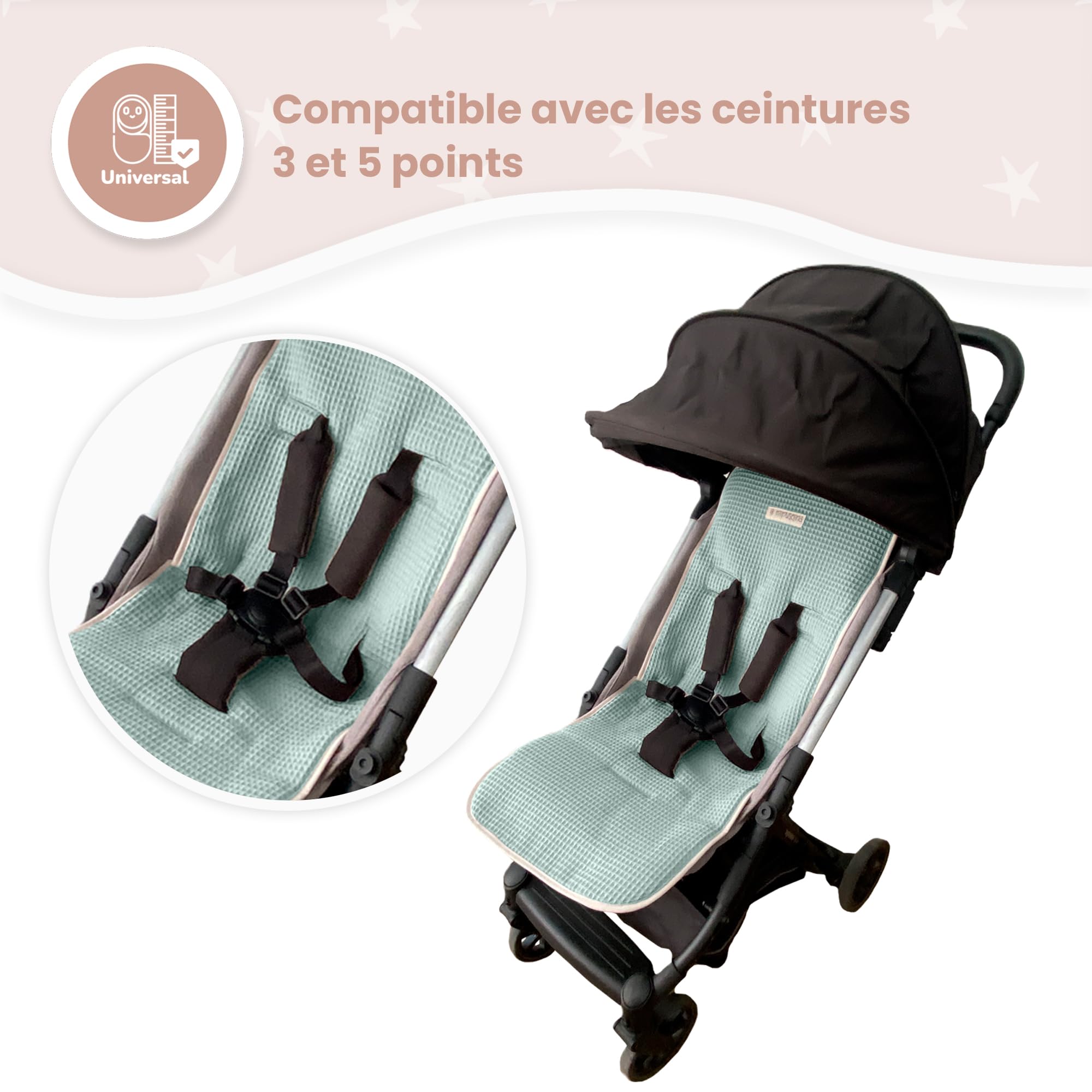 MIMUSELINA Matelas Poussette Bébé 100% Coton OEKO-TEX | Housse de Siège Bébé Été et Hiver 34 × 84 cm | Coussin de Poussette Universel Respirant et Lavable | Fait au Portugal