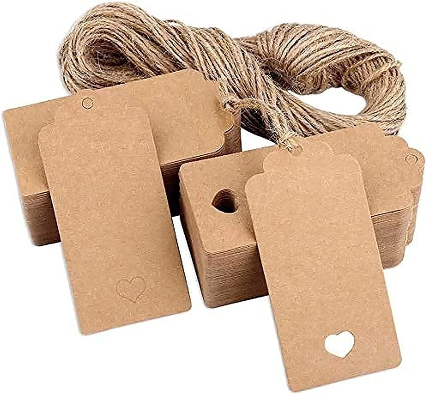 200 PCS Brown Kraft Paper Gift Tags with 25m Natural Jute Twine | Gifts Wrap with These Rectangle Hollow Heart Hang Labels - Ideal Tag for Use on Birthdays Wedding Valentines Parties Favor Eid Events