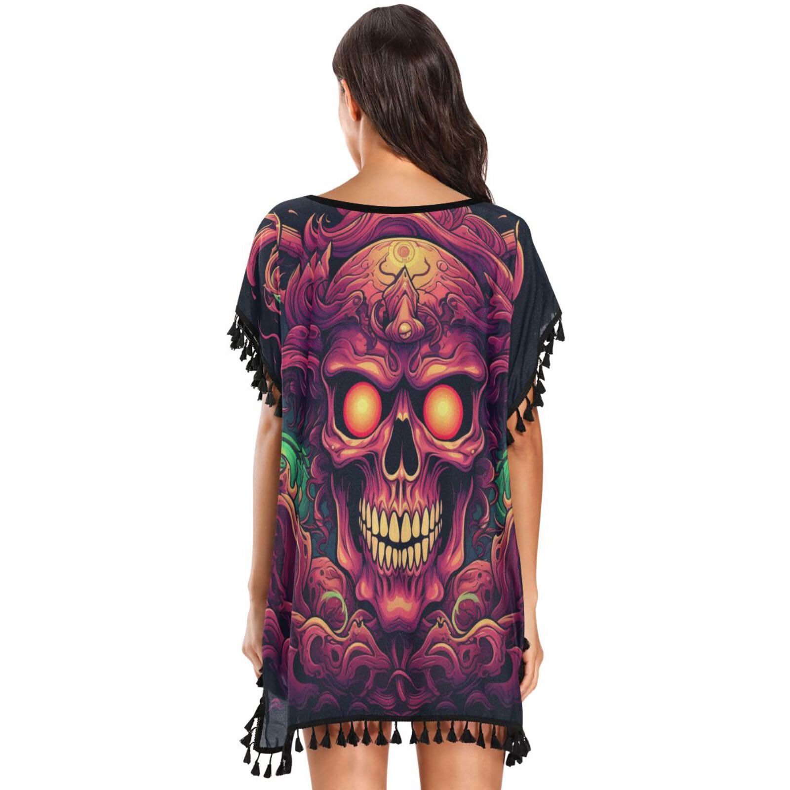 Cool Skull Abstract Art Women's Beach Cover Up Chiffon Tassel Swimwear Swimsuit Coverups for Girl