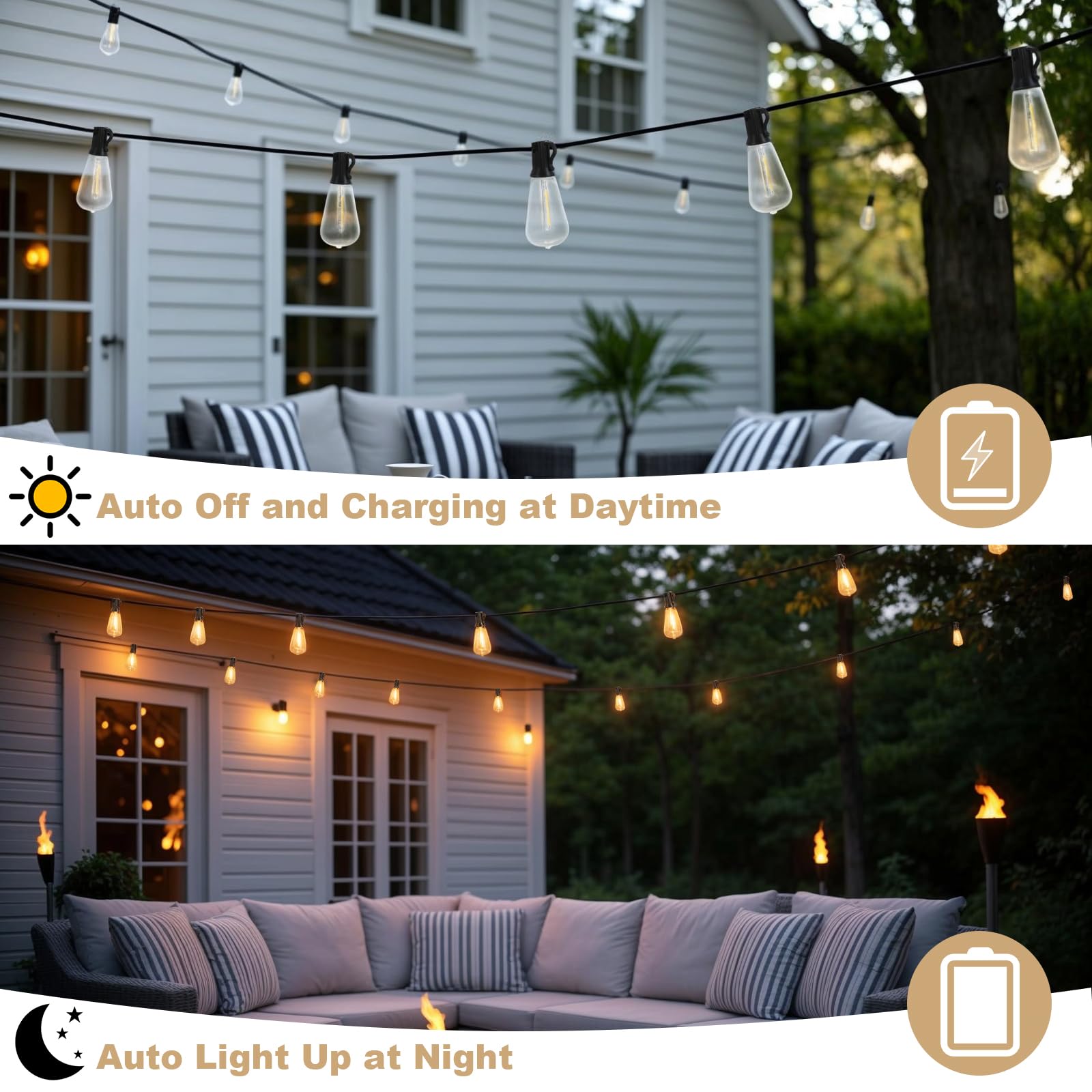 Spacelumen 15M Outdoor Festoon Lights Solar Powered, Outside Patio String with 3 Modes & 17+1 ST38 Edison Bulbs Shatterproof - Image 2