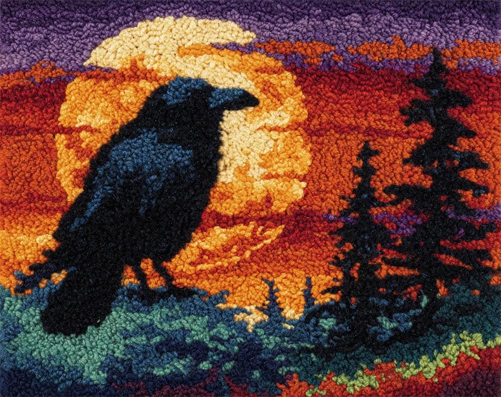 Kitquiver Rug Kits for Adults Latch Hook Printed Full Moon Crow DIY Crafts Crochet Yarn Handmade Embroidery with Printed Canvas Needlework for Home Decor 23X35In