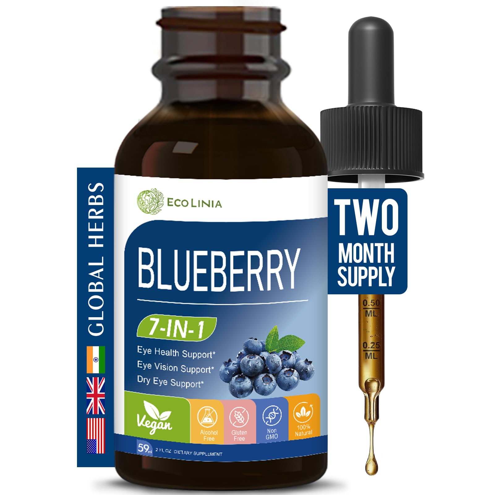 ECOLINIA Blueberry Extract Supplement for Eye Health 7-in-1 Formula Herbal Drops Support Dry Eye Vision w Bilberry Eyebright