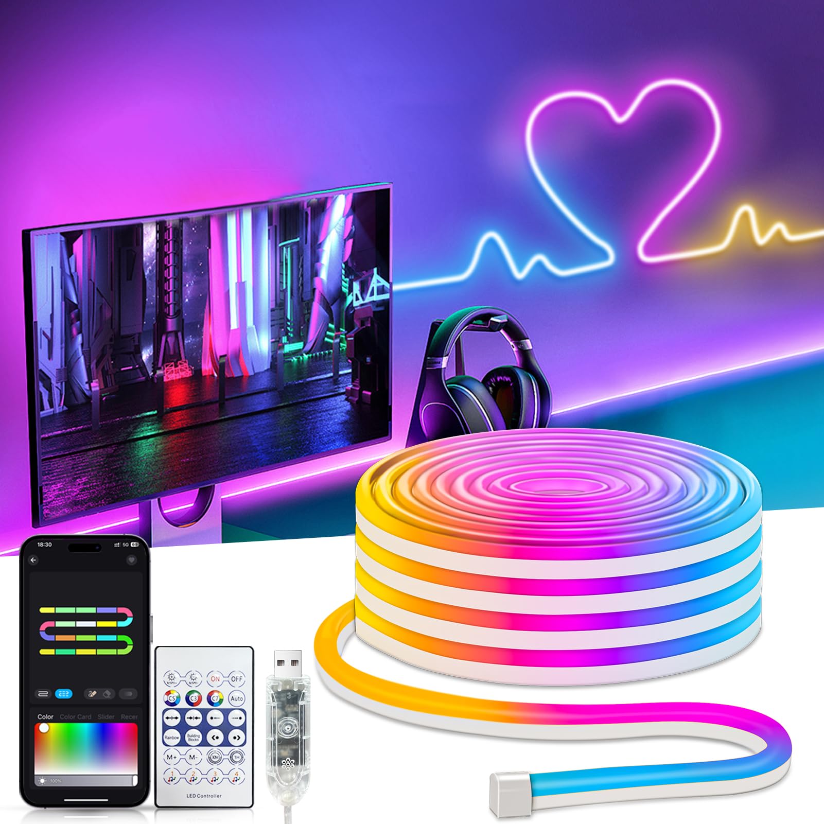 Smart Neon Rope Lights USB, 16.4Ft RGB LED Rope Lights Color Changing with APP Control, Outdoor Neon Strip Lights Waterproof DIY Flexible Music Sync for Gaming Room Living Room Indoor Decor