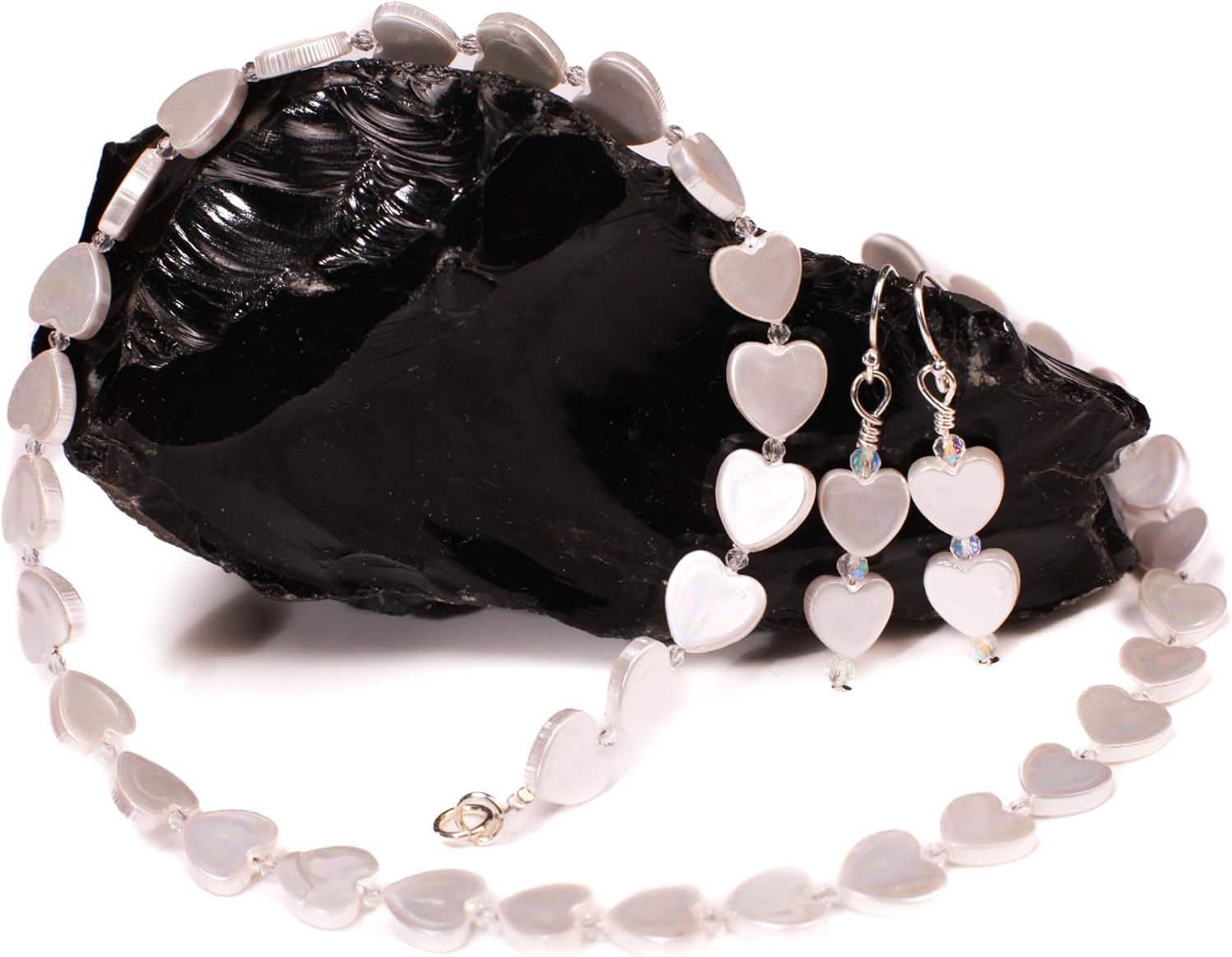 Oppy's Genuine Freshwater Heart Shape Mother of Pearl with clear CZ spacer 925 Sterling Silver clasp and hook earrings set