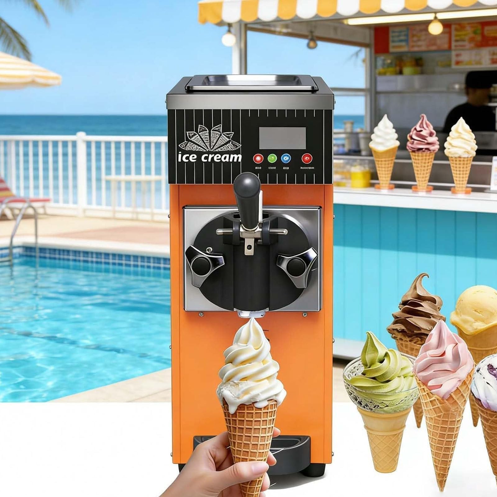 Drmoxin Single Flavor Ice Cream Machine, 4-5kg/H Output, 2.5L Refrigerated Hopper,Freezing Tank, Auto Clean, LCD Panel, 450W Countertop Soft Serve Ice Cream Maker Orange