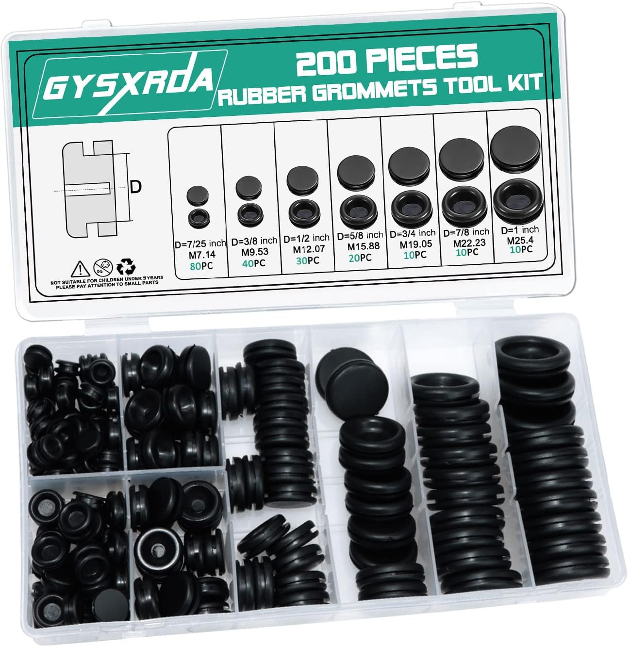 Rubber Grommet Kit 200 Pack - 7 Sizes Firewall Rubber Hole Plugs - Automotive, Home Improvement Cord Pipe Wire Organization