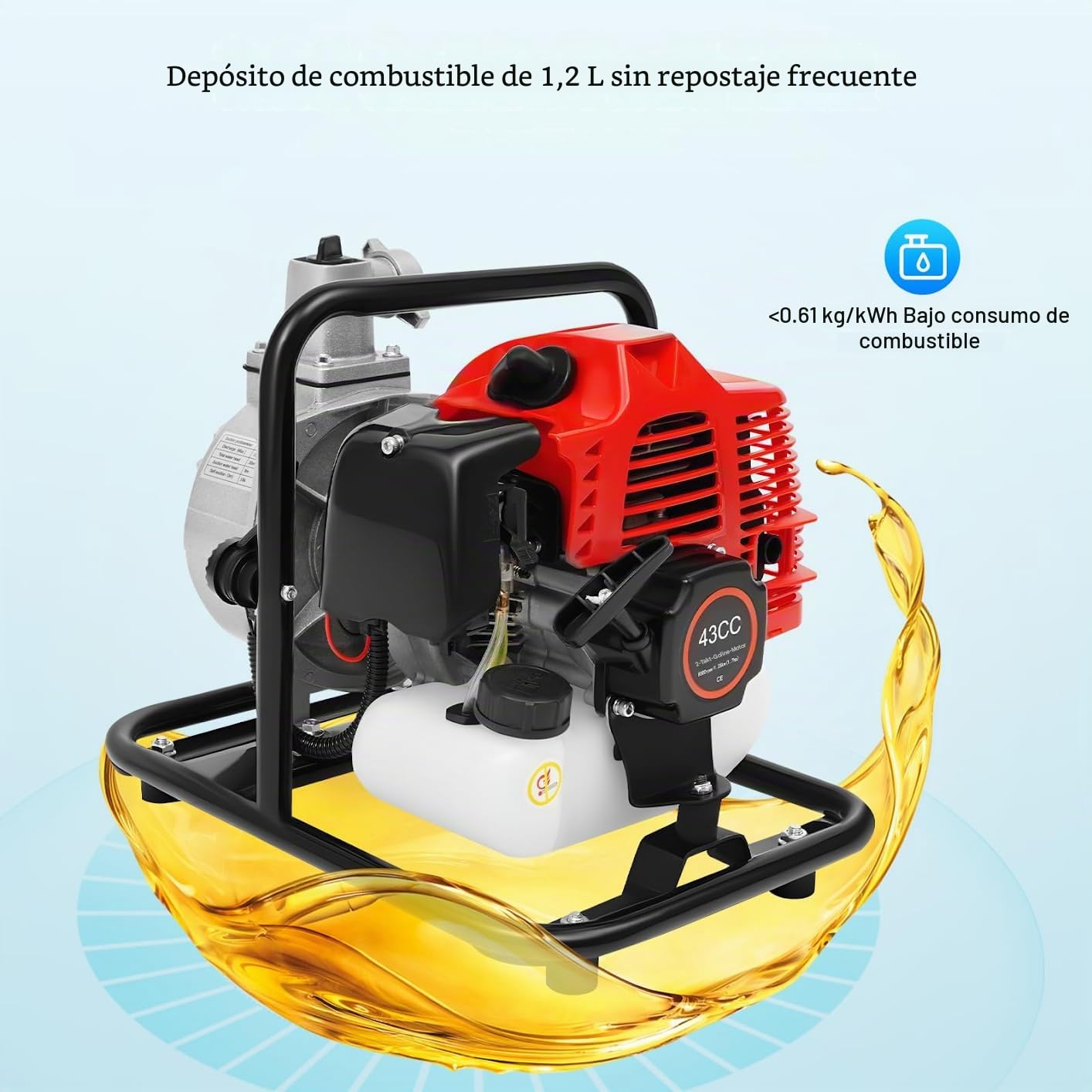 Bomba de agua de gasolina de 2 tiempos, 43 cm³, 135 l/min, 30 m, 1 pulgada