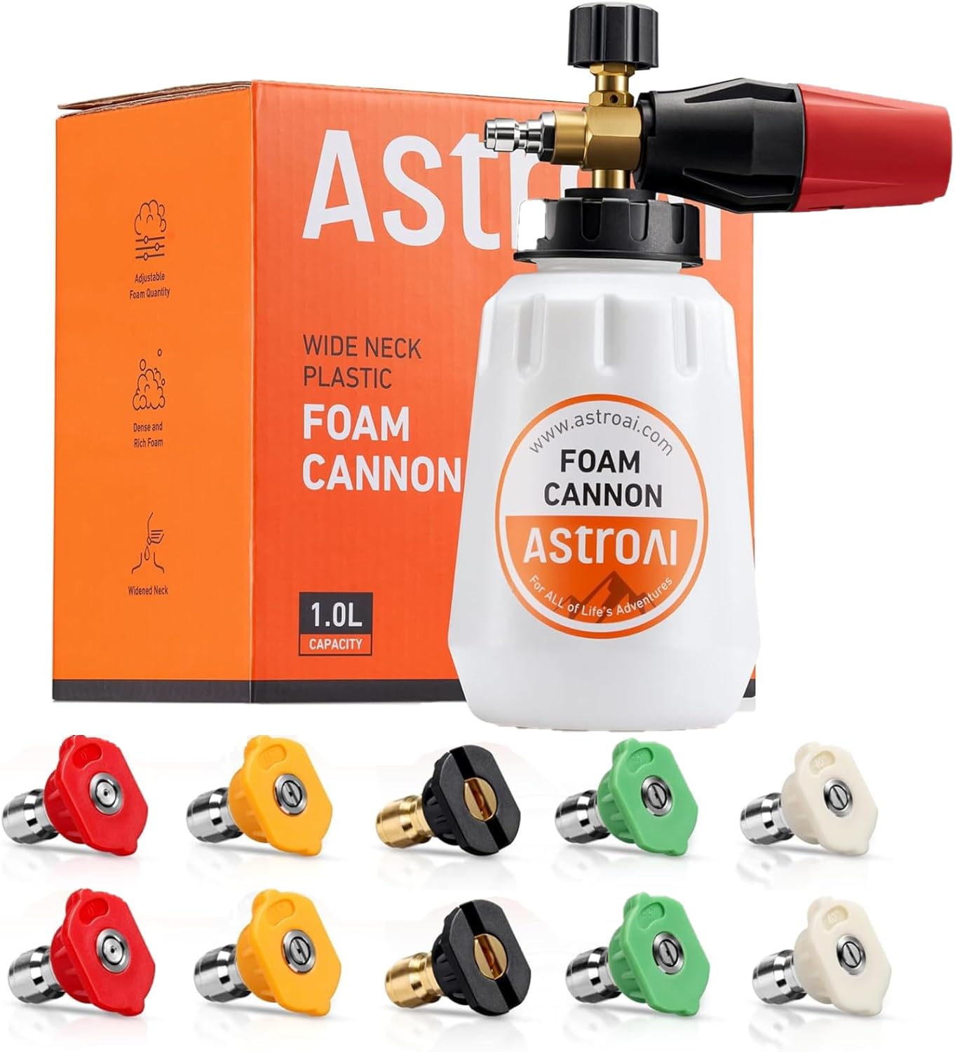 AstroAI Foam Cannon, Heavy Duty Car Foam Blaster Wide Neck Adjustable Snow Foam Lance with 5 Pressure Washer Spray Nozzle Tips