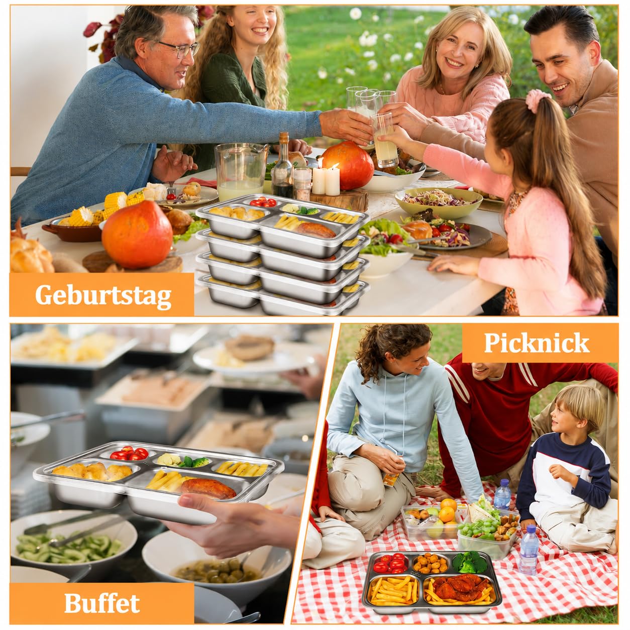 Lot de 8 assiettes divisées en acier inoxydable avec couvercle, boîte à goûter rectangulaire divisée à 5 compartiments pour enfants, assiette à portions en métal pour adultes, camping, école