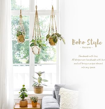 Mkono 3 Pack Macrame Plant Hangers Indoor Different Size Hanging Planter Basket Flower Pot Holder with Beads No Tasselss 43/35/29, Large, Brown