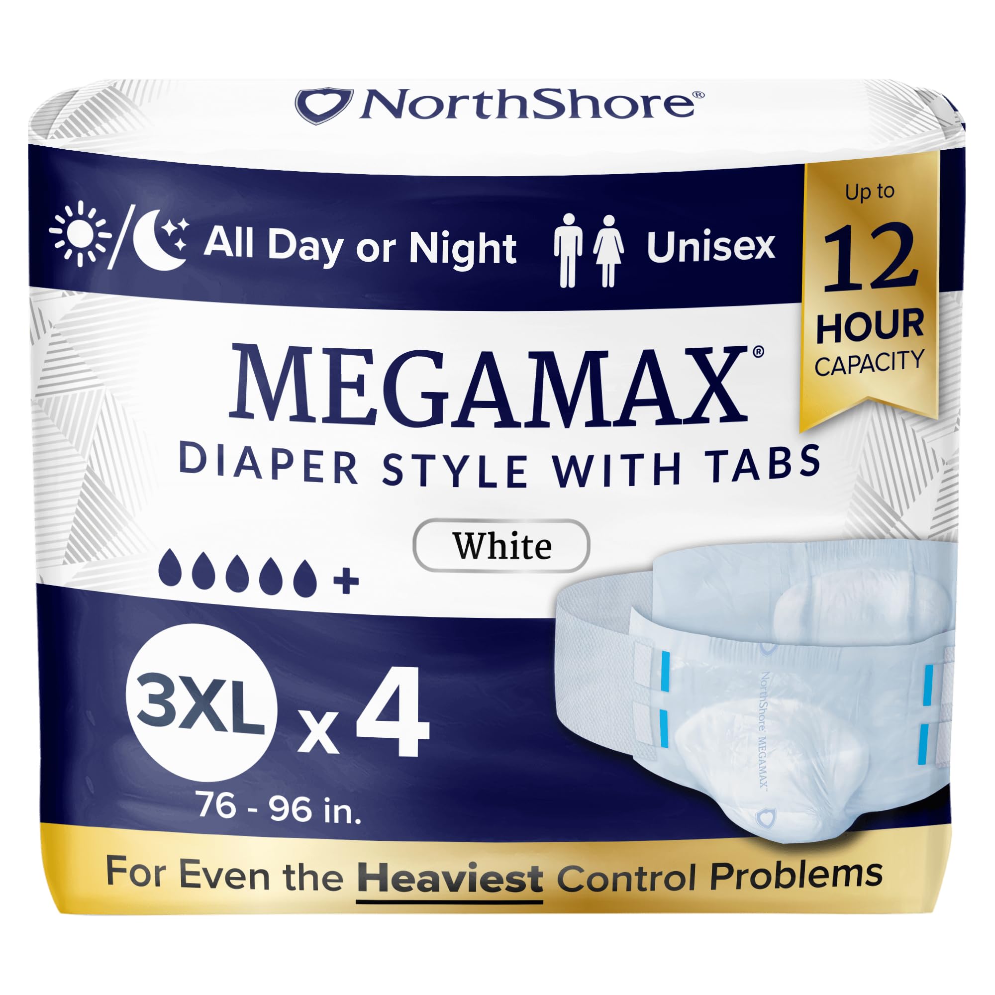 NorthShore MegaMax 12-Hour HBL Adult Diapers for Heavy Bladder Leaks, 3X-Large, 4 Count, White, 76-96 inches, Tab-Style Incontinence Underwear for Men