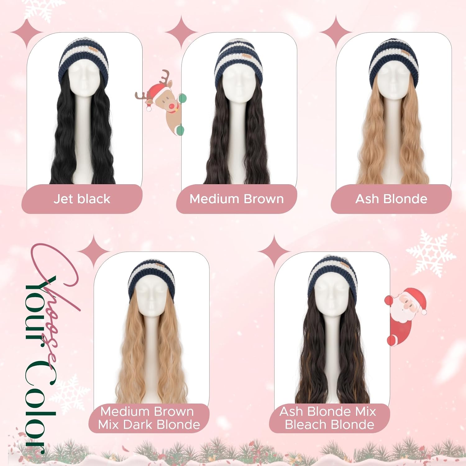 Beanie Wig with Hair, 18 Inch Synthetic Hair Extensions in Wavy Styles, Knitted Winter Hat with Attached Hairpiece for Women, Knit Hat in Blue/White Stripes, #01 Jet black