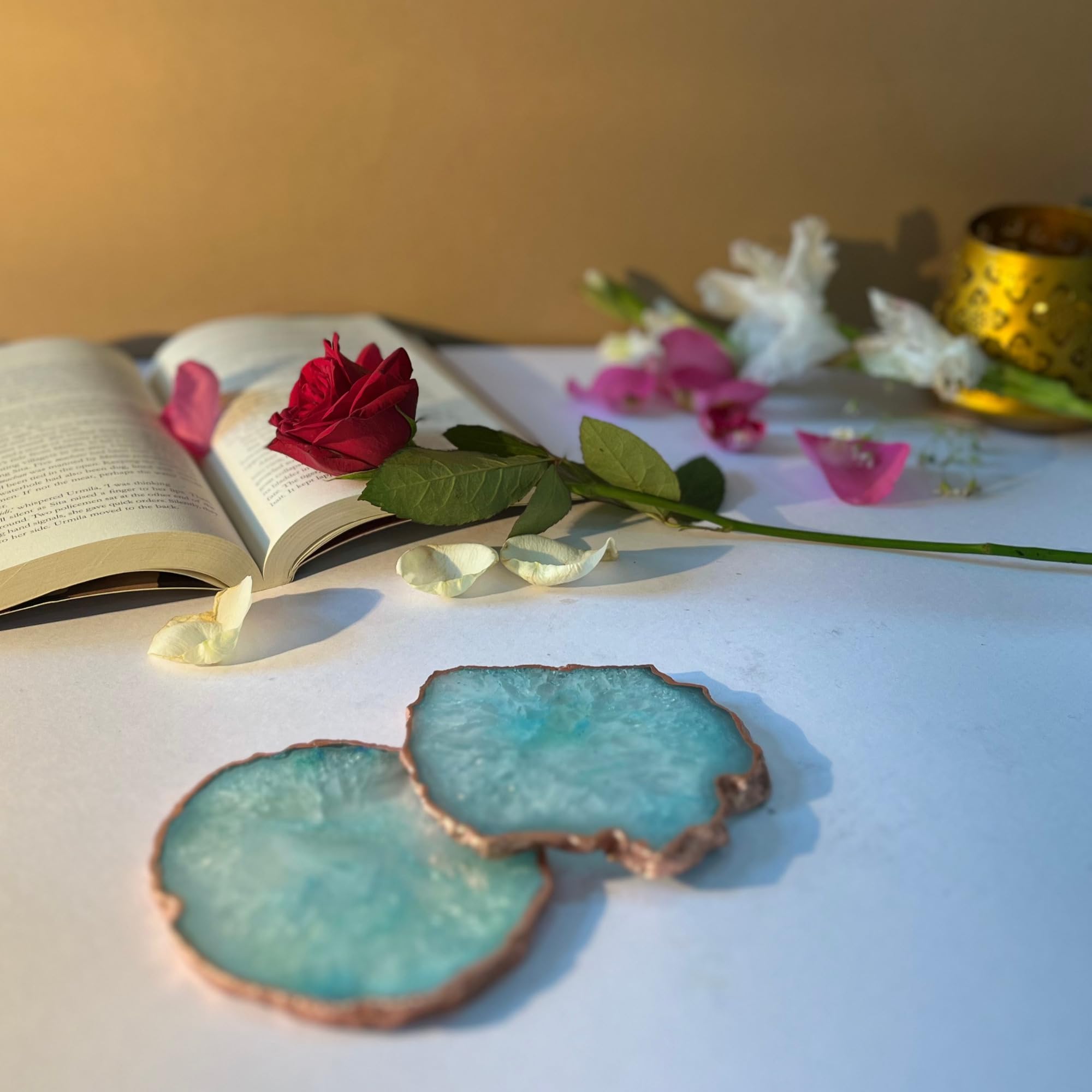 Elegant Agate Stone Coasters Set of 2 with Rose Gold Edges | Decorative Drink Coasters for Tea, Coffee, Water, Mugs & Glasses Beverages | Tableware & Home Decor (Turquoise)-image-22