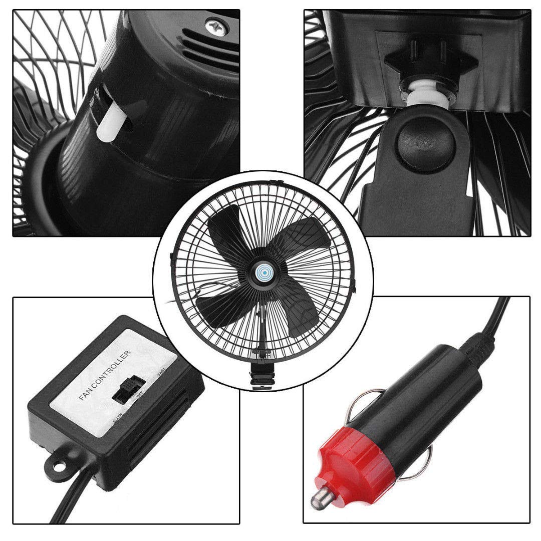 Baceyong Ventilateur électrique 12 V/24 V pour voiture, camionnette, maison, rotation à 180 °, 2 vitesses, flux d'air avec clip pour voiture, camion, bus, véhicule tout-terrain
