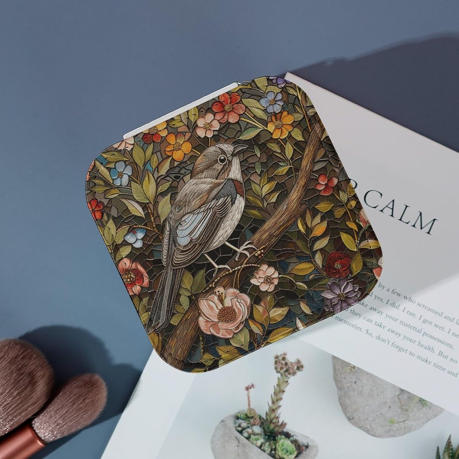 PU Leather Storage Box,Bird Perched on Branch Printed Portable Jewelry Box Mini Travel Storage Box Women's Jewelry Storage Rack for Necklace Earrings Bracelets Rings image 4