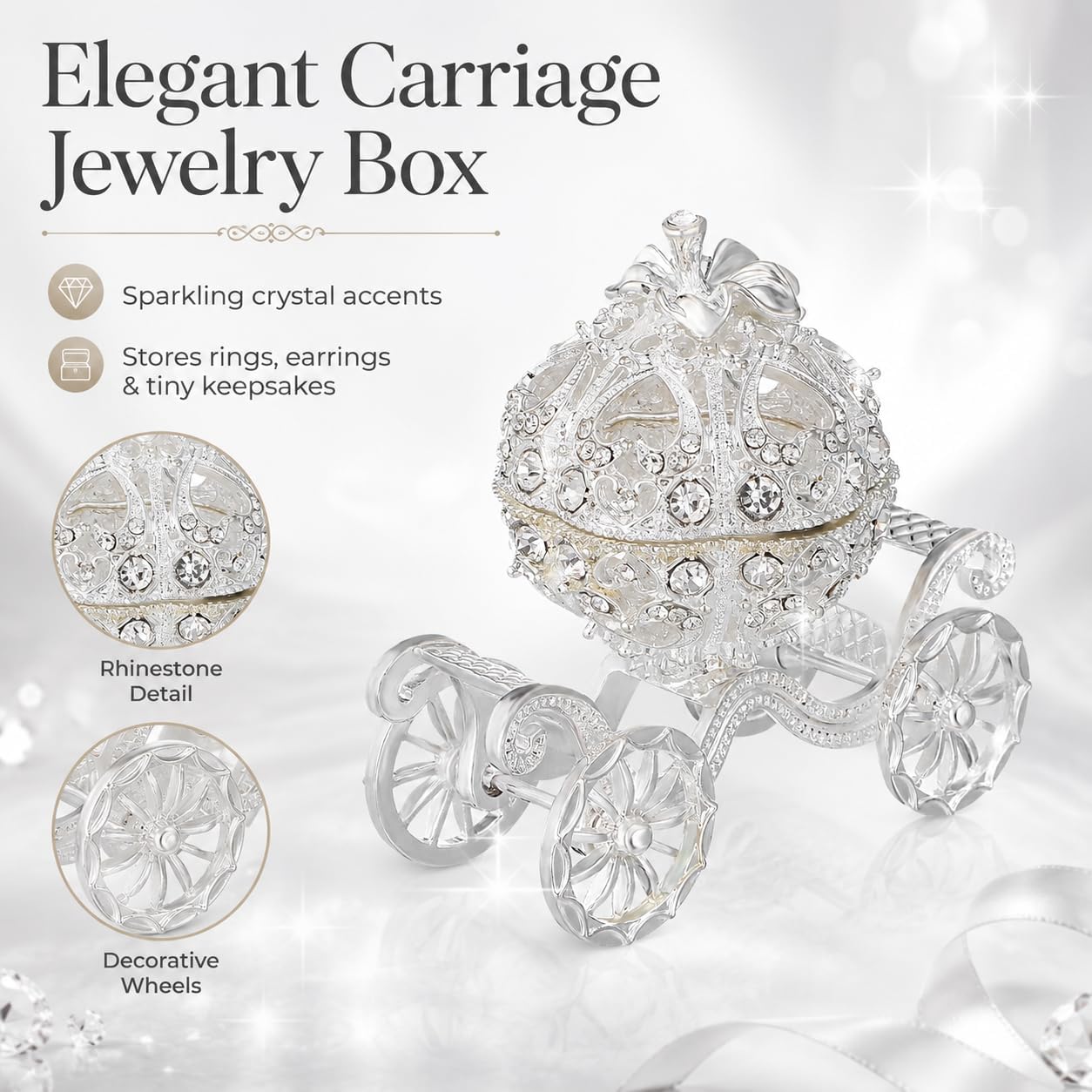 IMIKEYA Small Jewelry Trinket Box Carriage Silver Crystal Princess Carriage Vintage Trinket Box Jewelry Rings Earrings Organizer for Women Girls Wedding Christmas Table Centerpieces