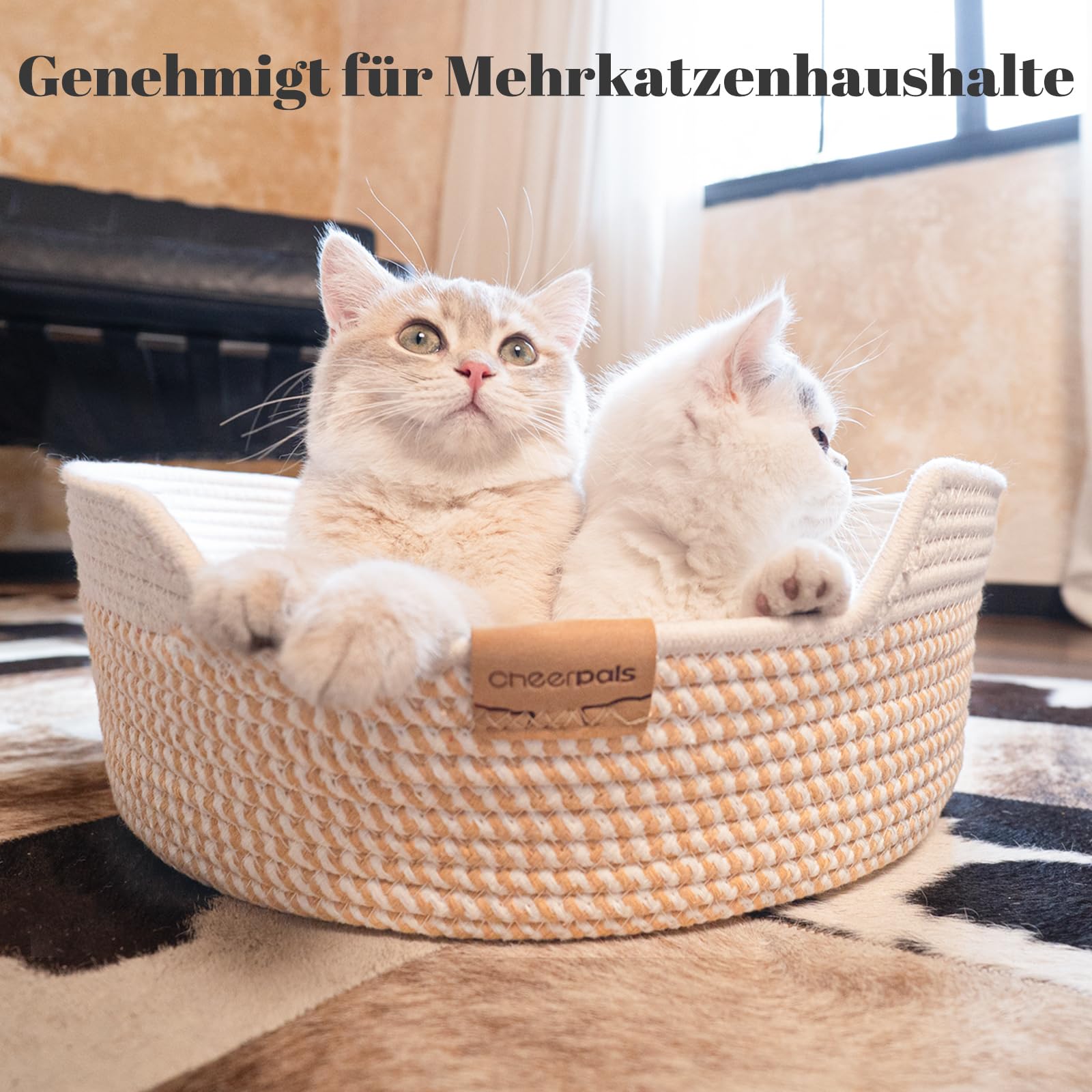 CheerPals Katzenbett mit Kissen, 47cm Waschbar Katzenkorb aus Baumwollseilen geflochten, zum Schlafen für Alle Katze, All Season Universal