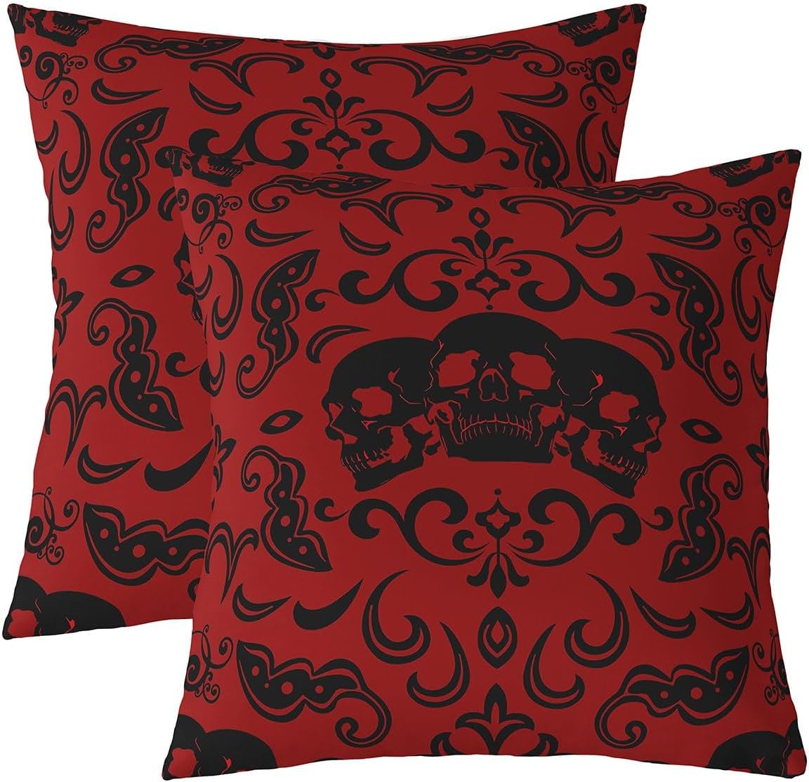 Erosebridal Set of 2 Halloween Skull Throw Pillow Covers 24x24 Inch Retro Baroque Damask Goth Pillow Covers Halloween Red and Black Skeleton Gothic Cushion Covers,Black Horror Cushion Case