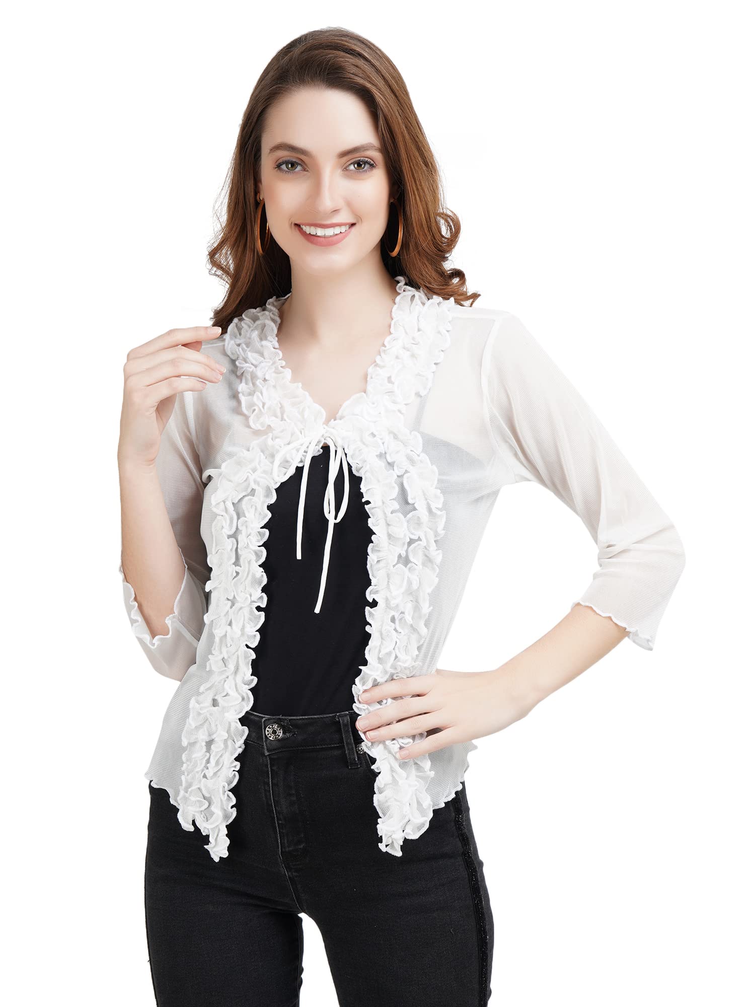 Women's Power Net Round Neck Ruffle Detail Shrug-image-16