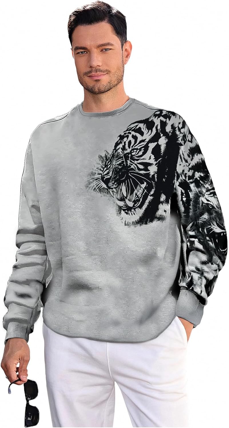 WDIRARA Men’s Animal Print Drop Shoulder Sweatshirts Round Neck Long Sleeve Athletic Pullover