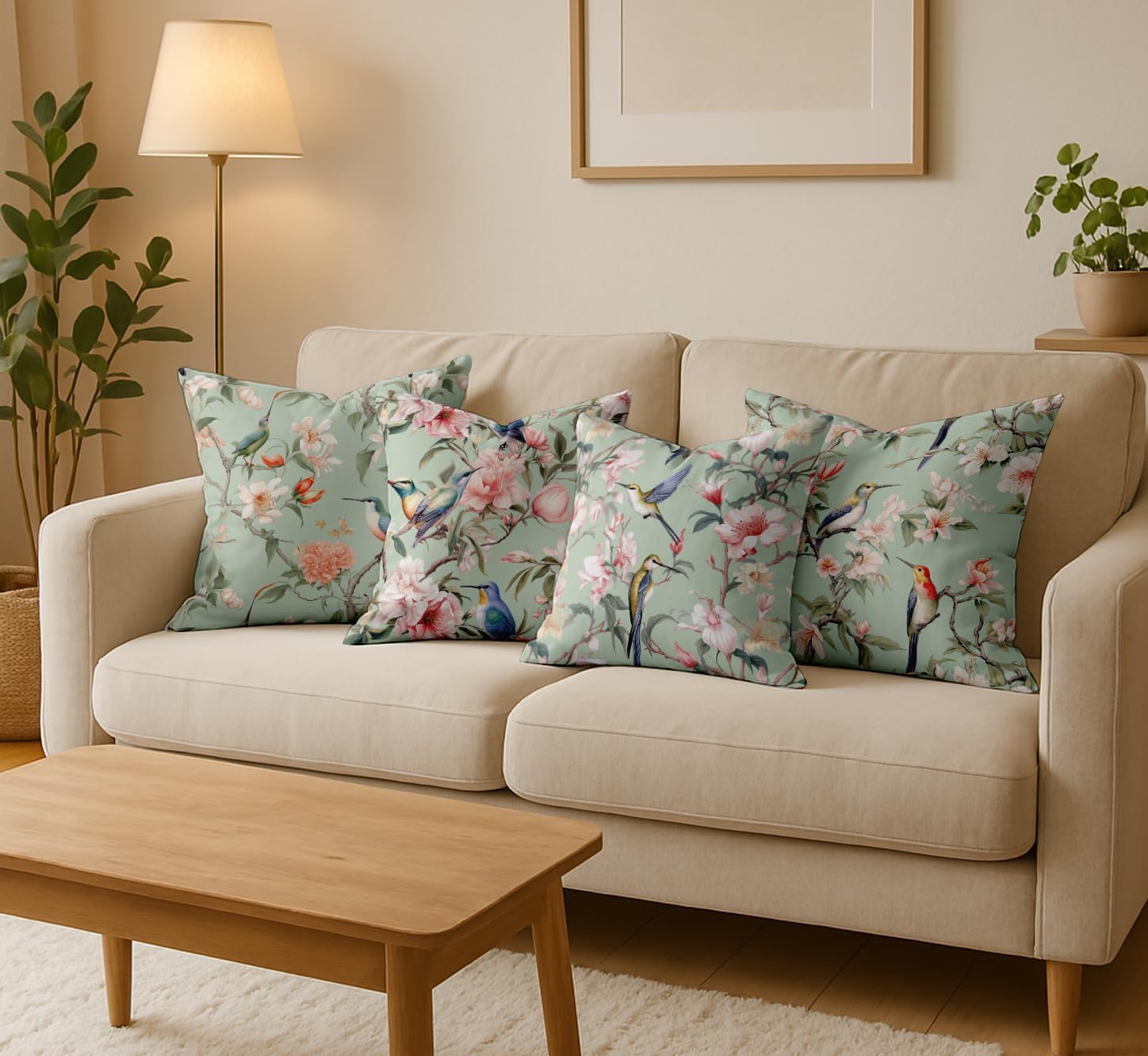 Cotton Cushion Covers Set of 4-16x16 Inch, Bird Print, Double-Sided Printed Throw Pillow Covers with Hidden Zipper - No Filler - Green
