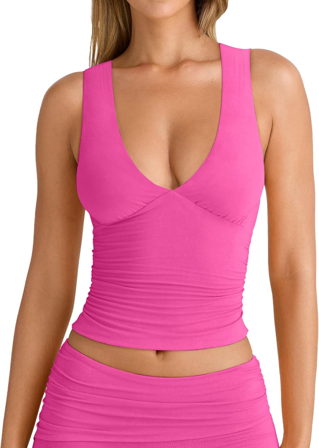 YFANG Women's Summer Deep V-Neck Ruched Crop Tank Top Sexy Sleeveless Double Lined Crop Top - Image 2