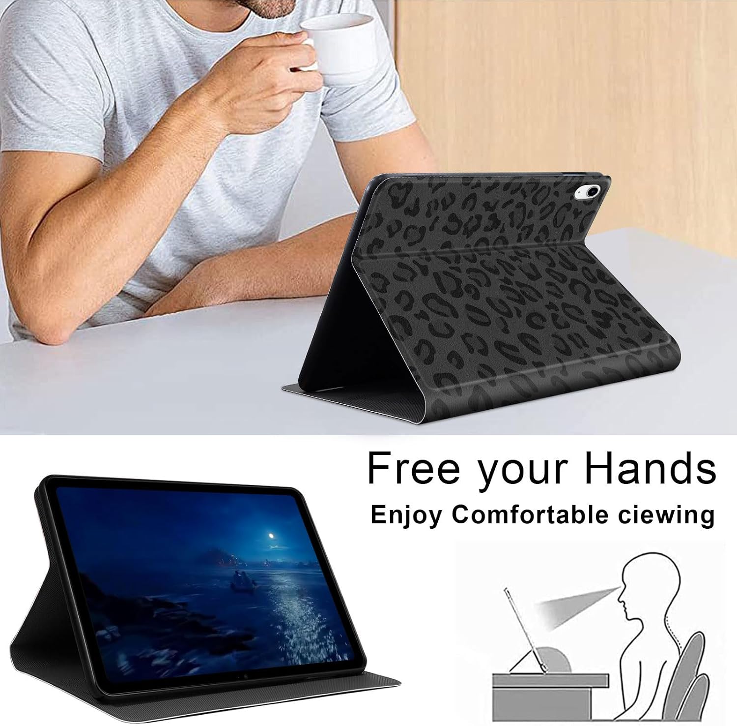 Case for iPad Air 11 Inch M3 (2025) / M2 (2024), Also Fits Air 5th/4th Gen (10.9", 2022/2020) - Slim PU Leather Stand with Auto Sleep/Wake, Multi-Angle Shockproof Cover, Black Leopard Print image 5