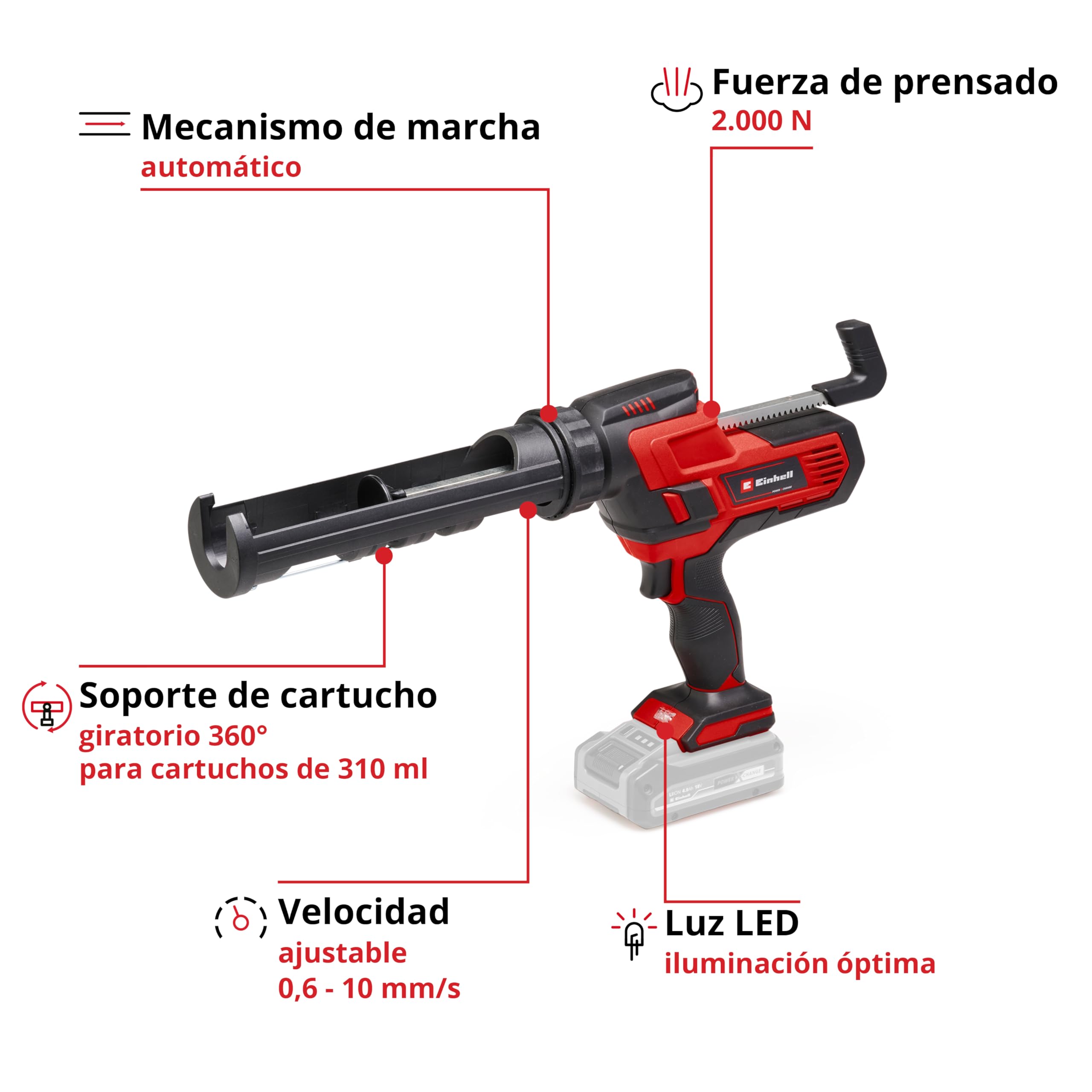 Einhell Pistola de cartuchos con batería TE-SG 18/10 Li-Solo Power X-Change (18 V, para cartuchos de 310 ml, hasta 2.000 N, velocidad de giro ajustable, sin batería) | PXC | 18 V | para cartuchos de 310 ml | hasta 2000 N | Velocidad ajustable | Sin baterí