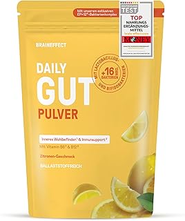 BRAINEFFECT DAILY GUT – Probiotisches Getränkepulver mit 16 Mrd. lebenden Bakterien & 7 g Ballaststoffen pro Portion, mit Vitamin B1, B2, B6 & B12, Zitronengeschmack – 240 g
