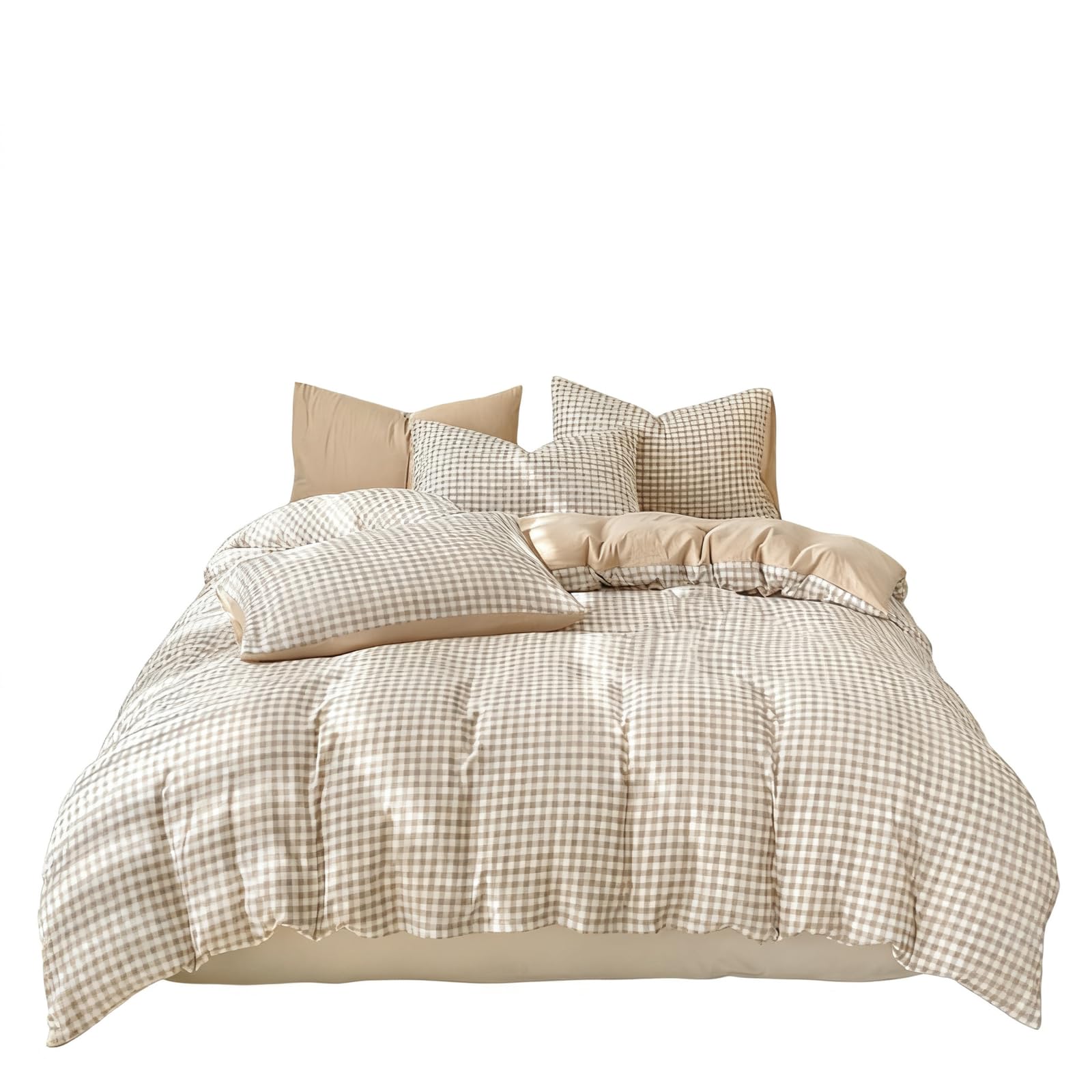 AMSLSIU Gingham Comforter Queen Cotton Bedding Set Features 2 Pillow Cases Soft Snug Sleeping Experience Tan Gingham Comforter
