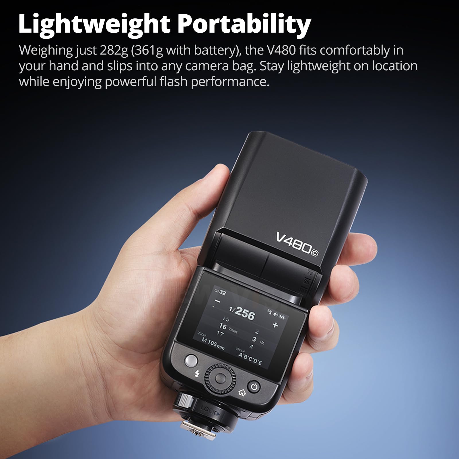 Godox V480 Flash V480C Flash de cámara, batería de litio integrada, 1/8000 HSS, TTL inalámbrico 2.4GX, tiempo de reciclaje de 1.7s, 650 pops de potencia completa para cámara Canon (V480C)