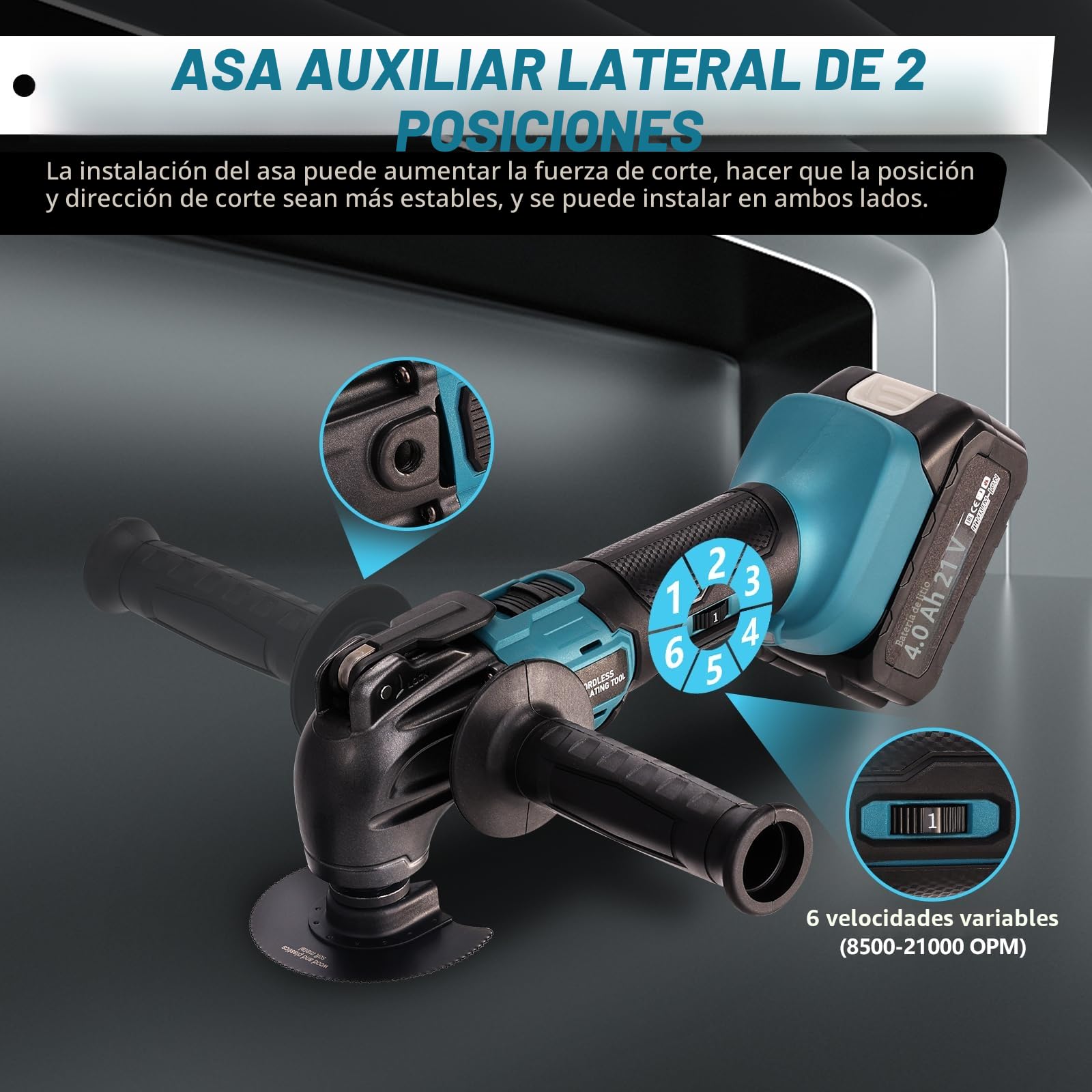 Multiherramienta Oscilante, Herramienta Multifunción Inalámbrica Sin Escobillas Para 2 baterías PCS 21V 4.0Ah, Kit De 26 PCS con Mango Adicional Para Corte, 6 Variables, 8500-22000 rpm
